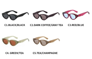 Flat lay of retro cat eye sunglasses in five assorted frame and lens color combinations
