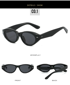 Detailed views of vintage cat eye sunglasses with glossy black frames and dark lenses