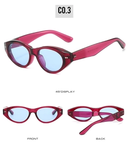 Detailed views of berry red cat-eye sunglasses with light blue lenses from multiple angles