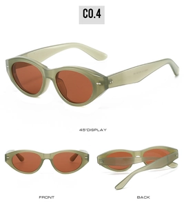 Three-angle views of retro sage green cat eye sunglasses with orange-brown lenses