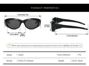 Detailed sizing chart and specifications for futuristic oval frame sports sunglasses
