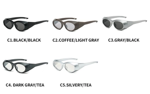 Close-up of futuristic sports sunglasses in five assorted frame and lens colors