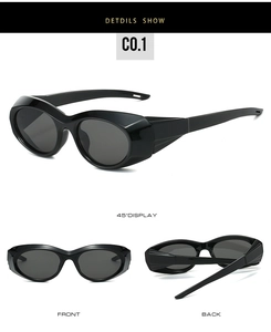 Three views of black futuristic wrap-around sunglasses with wide temples and dark lenses