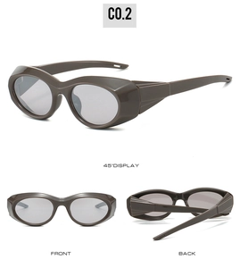 Three views of dark brown futuristic sports sunglasses with wide side wings and grey lenses