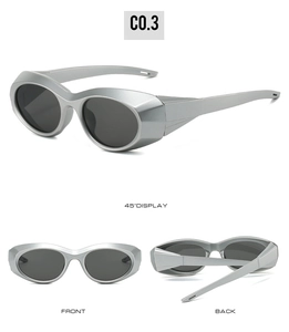 Three-angle view of futuristic silver oval sunglasses with dark grey lenses for sports