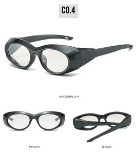 Three-angle views of futuristic black oval sports sunglasses with windproof design