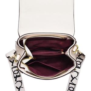 Beige shoulder bag with burgundy lining, wide canvas strap and multi-layer interior storage