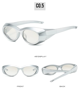 Three perspectives of futuristic silver sports sunglasses with metallic frames and clear lenses