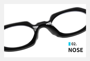 Detail of integrated nose bridge on black oval frames with high-gloss finish