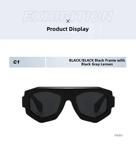 Vue de face des lunettes de soleil géométriques noires avec verres gris foncé en détail