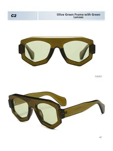 Vues de face et à 45 degrés de lunettes de soleil hexagonales vert olive aux verres assortis