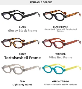 Detail view of oval retro eyewear frames in six colors including tortoiseshell and wine red