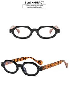 Close-up of glossy black oval glasses frames with stylish tortoise shell temple detail