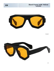 Vues frontale et latérale de lunettes géométriques noires aux verres jaunes