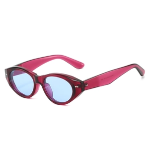 Fashionable red cat eye sunglasses with light blue lenses and leopard print accents