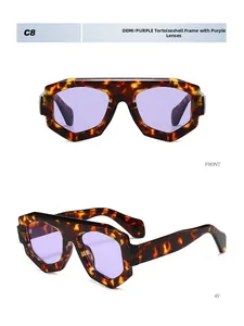 Vue détaillée de lunettes de soleil écaillées avec verres violets et monture épaisse