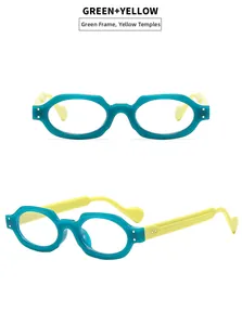 Detail view of retro oval glasses with a green frame and yellow legs in dual angles