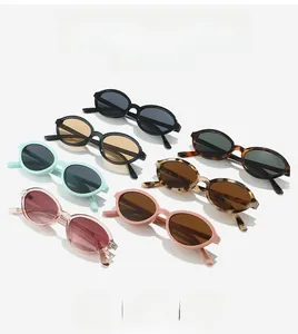 Detailed grid view of vintage oval sunglasses set in seven assorted trendy colors