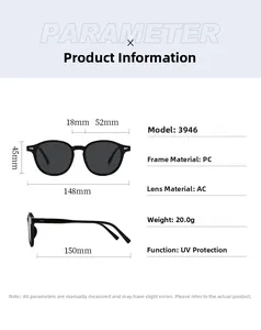 Detailed size chart for retro small frame sunglasses showing PC material and UV protection