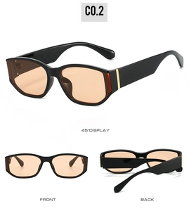 Macro view of wide sunglasses temples with gold metal trim and amber lenses