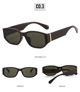 Three-view display of chocolate brown curved oversized sunglasses with gold metal details