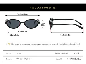 Detailed sizing chart for vintage oval sunglasses including frame width and lens dimensions
