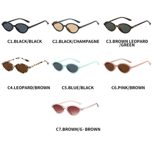 Matrix display of vintage oval sunglasses in seven trendy frame and lens colors