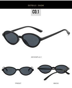 Three-angle view showing front, back, and side of oval black frame retro sunglasses