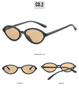 Three-way display of oval vintage sunglasses in black frame with light yellow lenses