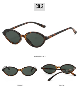 Three-view display of vintage oval sunglasses with dark green lenses and tortoise frame