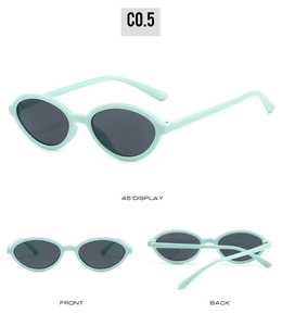 Three-way view of mint green oval sunglasses with grey lenses and plastic frames
