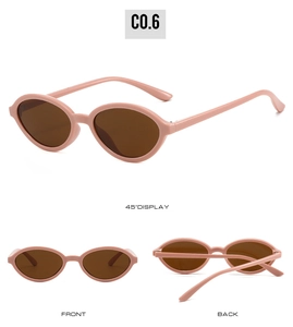 Three-angle view of oval pink sunglasses with brown lenses showing front and back detail