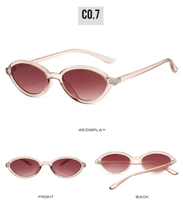 Three-view display of champagne pink cat-eye sunglasses with brown gradient lenses