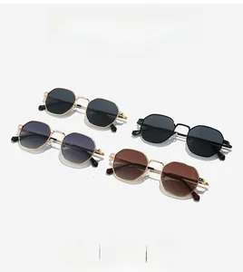 Flat lay of octagonal metal polarized sunglasses in multiple colors and finishes