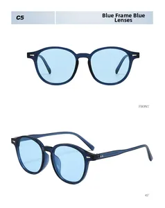 Front and 45-degree views of retro blue frame sunglasses with light blue lenses