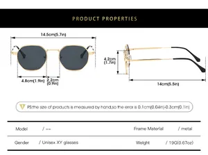 Size guide for retro hexagonal polarized metal sunglasses showing frame measurements