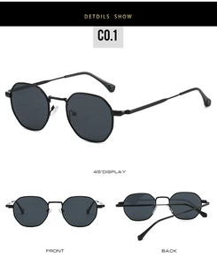Detailed views of polygon polarized sunglasses showing front, back, and 45-degree angle