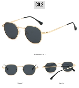 Three-view display of gold polygon polarized sunglasses showing front and side metal frames