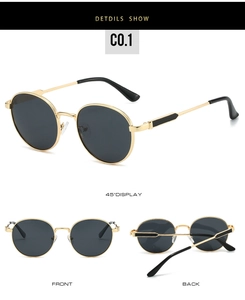 Vues détaillées de lunettes de soleil ovales vintage avec monture en métal doré et verres