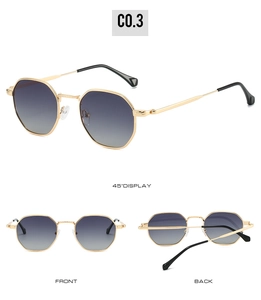 Three-angle view of hexagonal metal sunglasses with C0.3 black gradient lenses