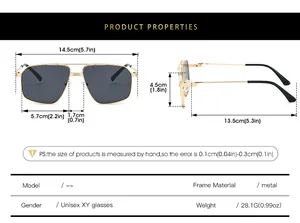 Detailed size chart for unisex metal aviator sunglasses with frame dimensions in cm and inches