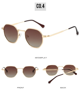 Detailed views of gold polygonal sunglasses with brown gradient lenses and metal frames