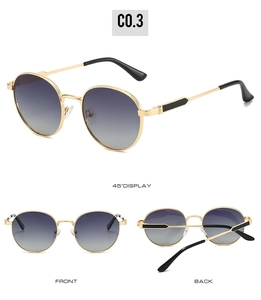 Vue multi-angle de lunettes de soleil ovales en métal avec verres dégradés bleu-gris