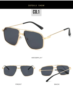 Three perspectives of aviator sunglasses with gold metal frame and dark lenses