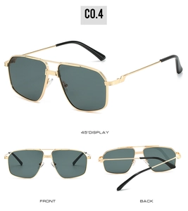 Multiple views of pilot sunglasses with gold metal frame and dark grey lenses