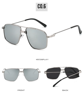 Three-way view of aviator sunglasses with silver metal frame and gray lenses