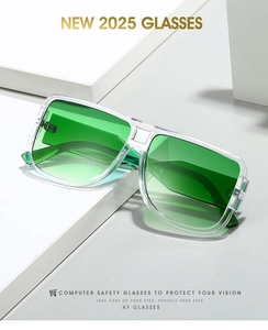 Detail of square glasses with transparent frames and green lenses for computer safety