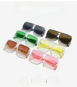 Close-up of trendy square sunglasses in six assorted transparent jelly colors with double beams