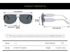 Detailed size chart for retro double-bridge square sunglasses with frame dimensions in cm