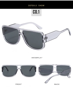 Three-angle view of oversized square sunglasses featuring translucent grey frames and dark lenses